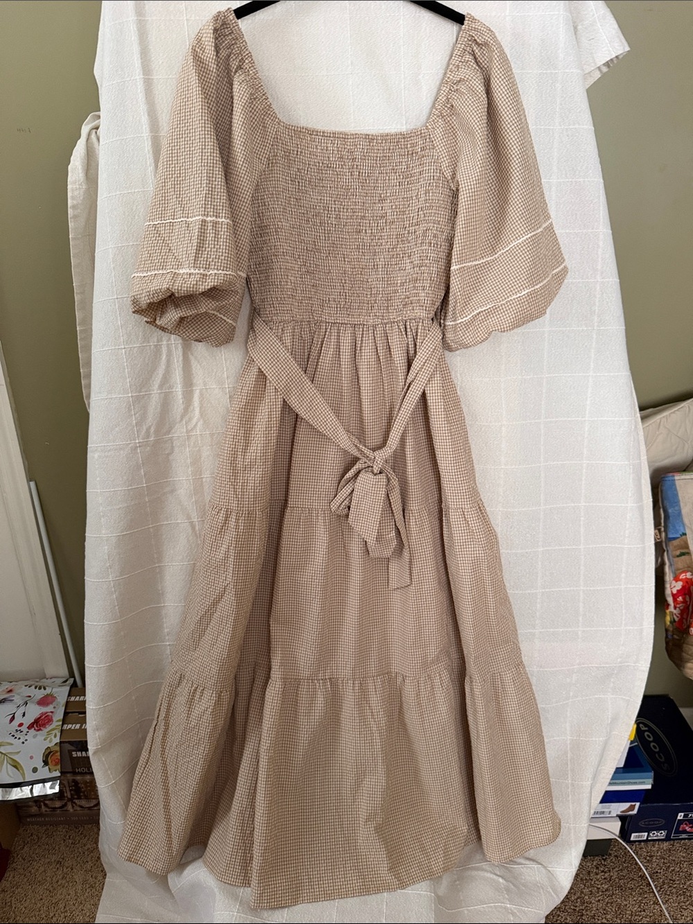 Smocked Midi Dress with Puff Sleeves in Light Beige